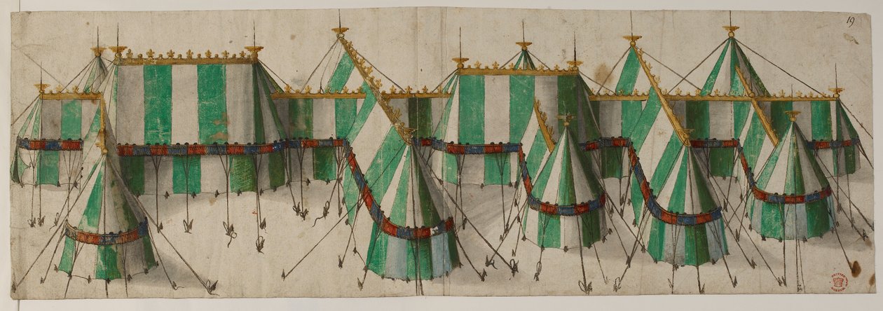 قطن أوغسطس الثالث ، ص .19 ، تصميم جناح ملكي بألوان تيودور الأبيض والأخضر ، يُقال إنه مخصص لهنري الثامن في حقل قماش الذهب بواسطة مدرسة هولندا