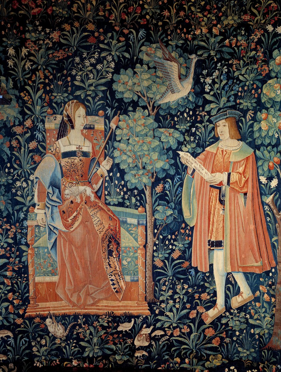 Curtain of the seigneurial life: courteous Love scene. Detail. Wool and silk tapestry made around 1520 in the Netherlands. Paris, National Museum of the Middle Ages, Thermes de Cluny بواسطة مدرسة هولندا