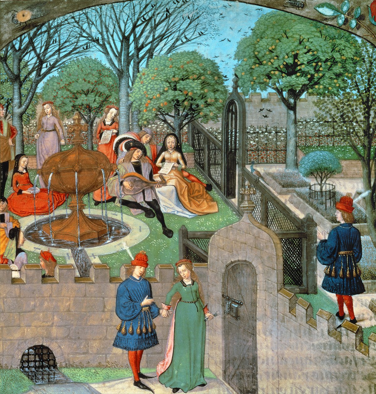 Harl 4425 f.12v مشهد الحديقة ، العاشق والسيدة Oyseuse (الخمول) خارج أسوار الحديقة ، من "Roman de la Rose" ، بروج ، حوالي 1490-1500 (ورق) بواسطة مدرسة هولندا