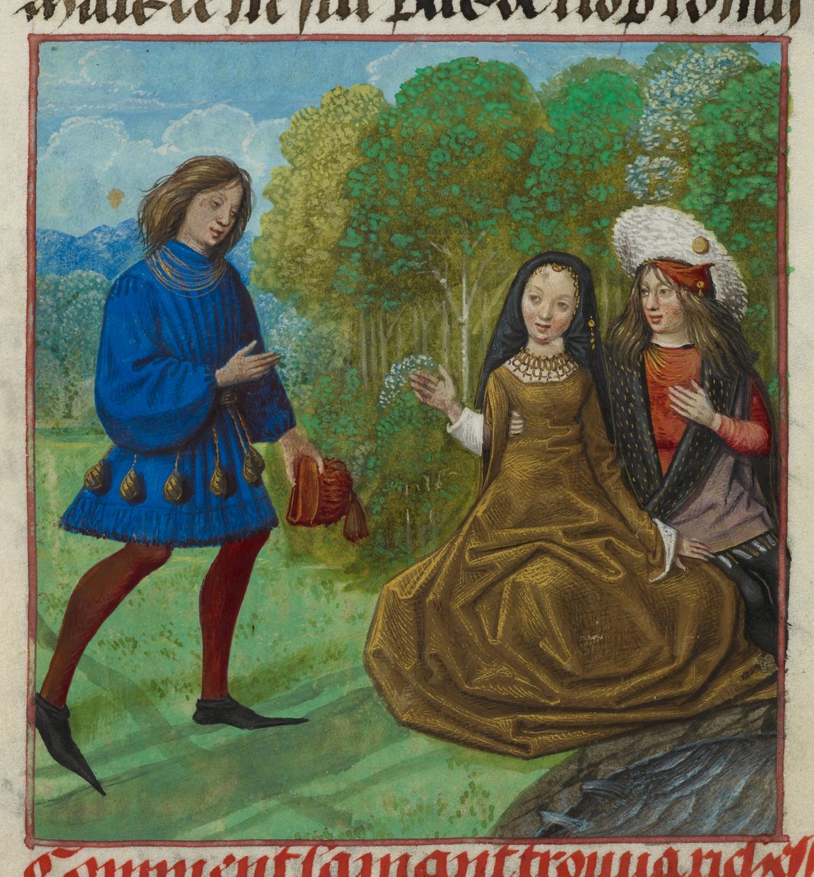 Harley 4425 f.90v The Lover Meeting Richesse (Wealth) من Roman de la Rose بواسطة Guillaume de Lorris و Jean de Meun ، ج. 1490 ج. 1500 (ورق) بواسطة مدرسة هولندا