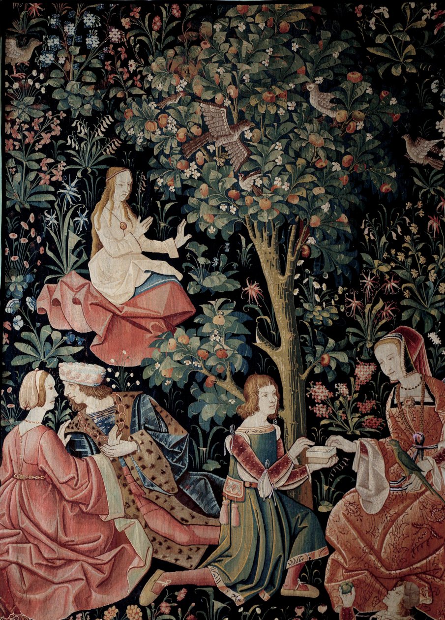 ستارة Seigneuriale Life: Scenes Gallant نسيج من الصوف والحرير صنع حوالي عام 1520 في هولندا. شمس 2.6x3.7 م باريس ، المتحف الوطني للعصور الوسطى ، ثيرميس دي كلوني بواسطة مدرسة هولندا