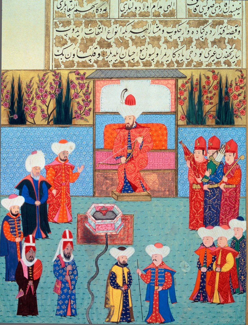 سلطان أورهان (Orkhan or Urchan) I (1281-1360) لديه محكمته المصغرة من "Hunername" من Lokman ، المجلد. 1 (H 1523، f.7) 1584 مكتبة متحف توبكابي سراي اسطنبول بواسطة مدرسة العثماني