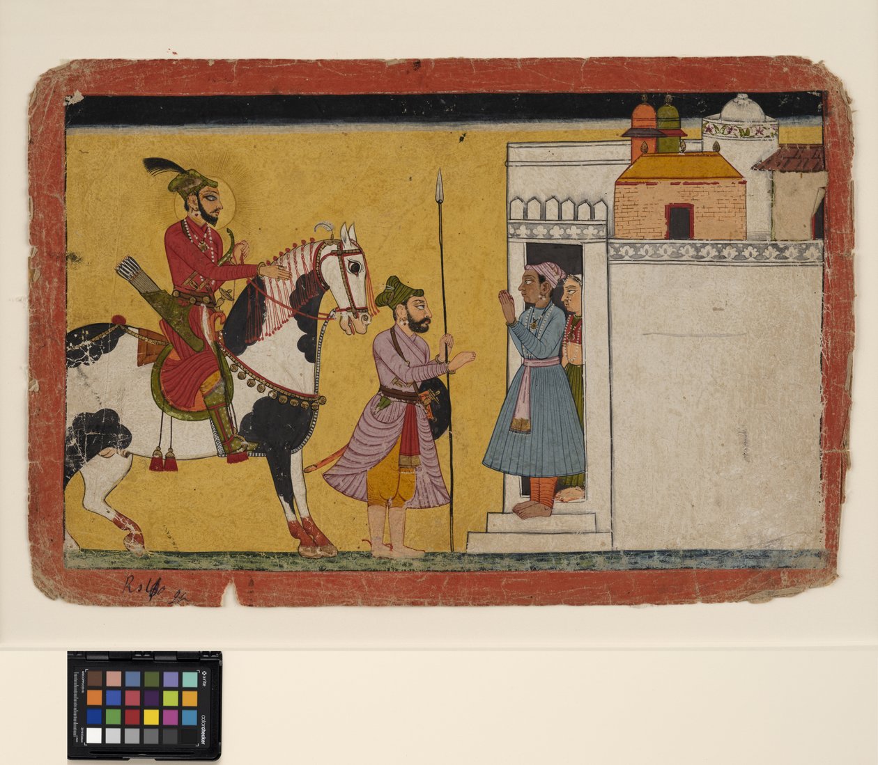 توقف صيد الأمير عند باب المنزل ، حوالي عام 1700 (معتم w - c وذهب على ورق) بواسطة مدرسة باهاري