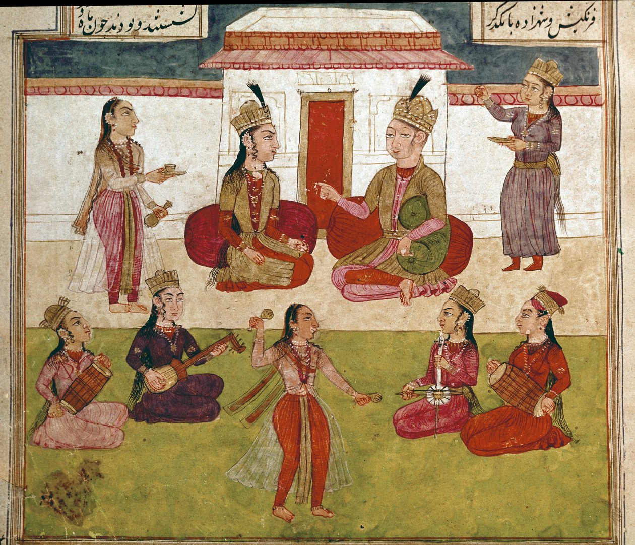 Islamic art: concert and entertainment in a harem. Persian miniature from a manuscript of the epic poem “Shahnameh”” (Shah Nama, Shahnama) (Book of Kings) by Ferdowsi (Firdawsi, or Ferdawsi, or Firdousi, ca. 940-around 1020) Biblioteca Nazionale Naples بواسطة المدرسة الفارسية