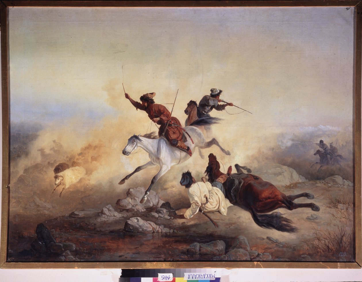 هجوم مفترس. معركة ومطاردة على ظهور الخيل في جبال داغستان (داغستان) ، بين الجيش الروسي والمقاتلين القوقازيين ، بين عامي 1830 و 1860. لوحة زيتية على قماش رسم لسيد روسي. الفن الروسي بواسطة المدرسة الروسية