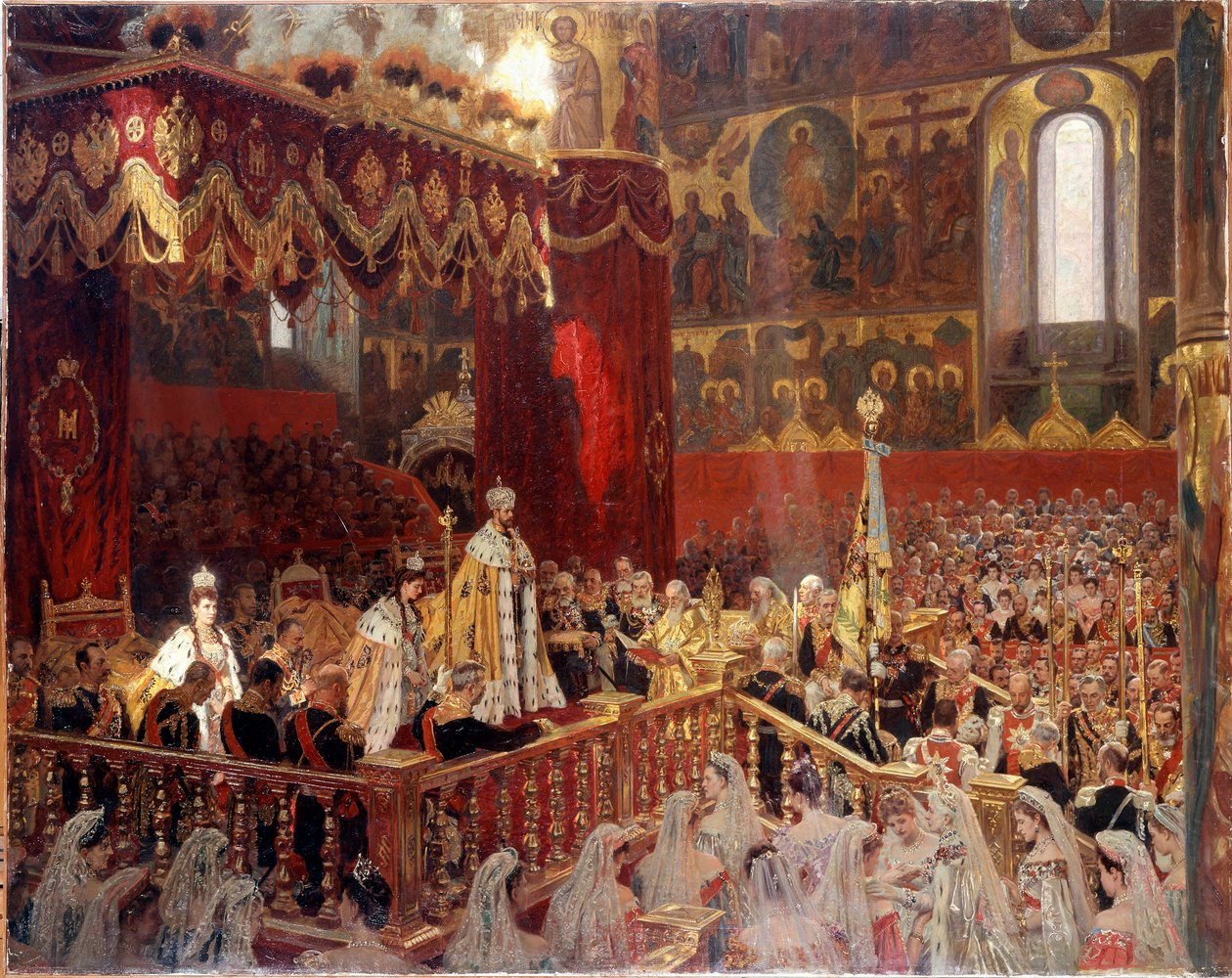 تتويج نيكولاس الثاني عام 1896 في كاتدرائية أوسينسكي في موسكو - لوحة روسية مجهولة بواسطة المدرسة الروسية