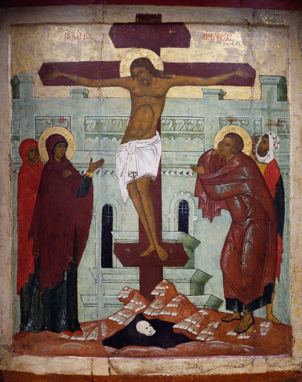 Crucifixion, icon from Novgorod (tempera on wood) بواسطة المدرسة الروسية