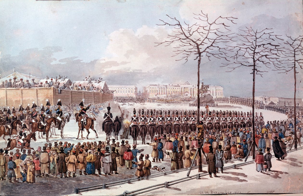 في عام 1825 ثورة الديسمبريين (Decabrists) في مستقبل نيكولاس الأول للحصول على دستور جديد. نقش من عام 1830. سانت بطرسبرغ. مكتبة هيرميتاج بواسطة المدرسة الروسية