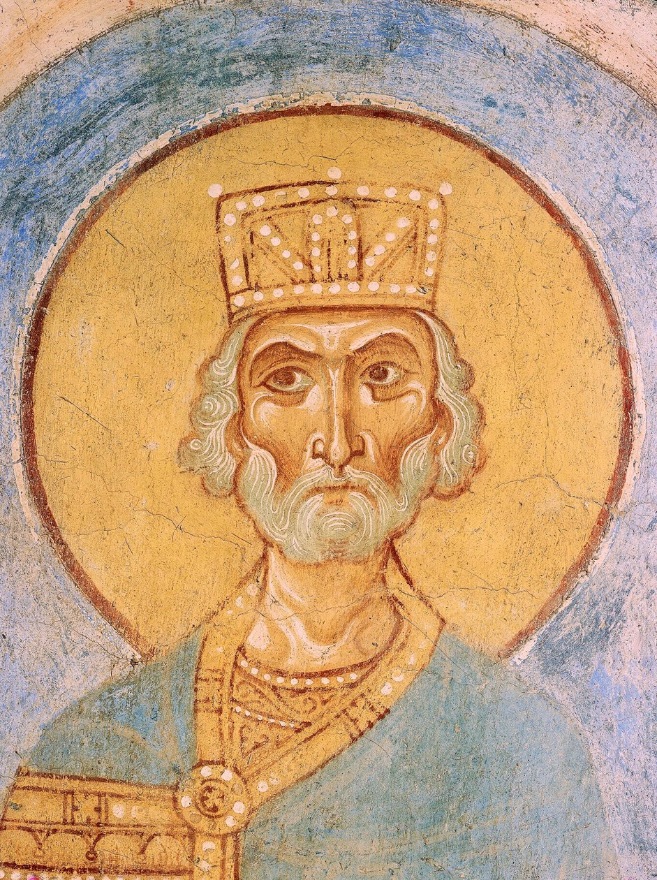 الملك داود - اللوحات الجدارية الروسية القديمة - القرن الثاني عشر - فريسكو - كنيسة القديس جورج ، ستارايا لادوجا © FineArtImages / Leemage بواسطة المدرسة الروسية