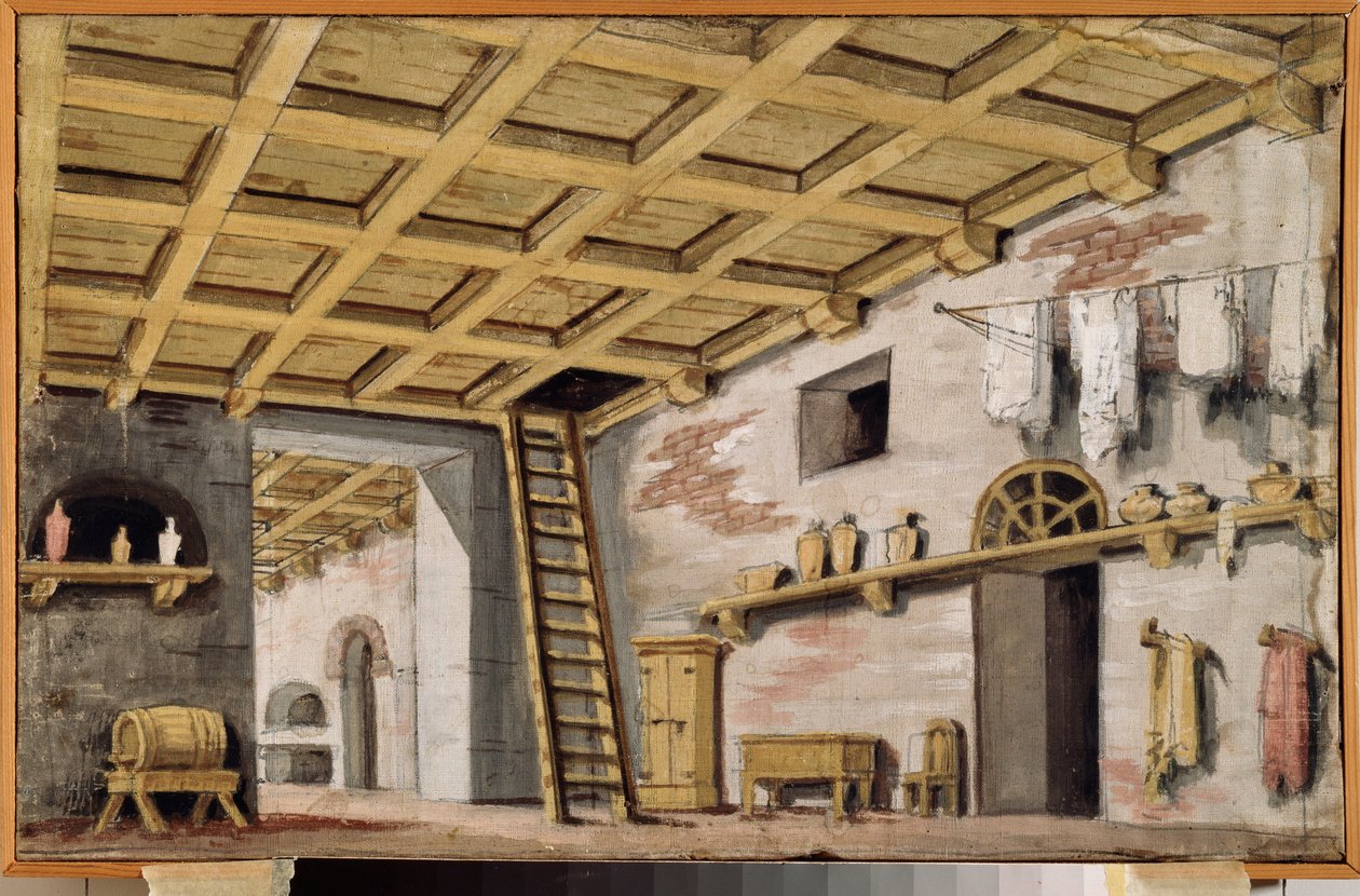 المطبخ. ديكور تحضيري لمسرحية. عمل سيد روسي ، حوالي عام 1790 ، تمبرا على قماش. فن سينوغرافي روسي في القرن الثامن عشر. متحف قصر أوستانكينو ، موسكو. بواسطة المدرسة الروسية