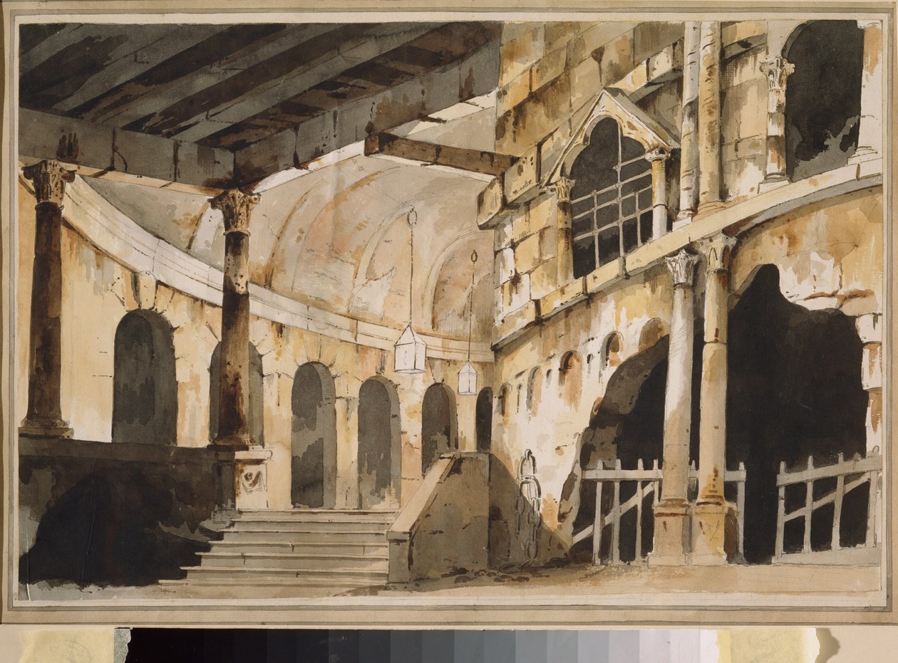 السجن. ديكور تحضيري لمسرحية. عمل سيد روسي ، حوالي عام 1790 ، لوحة مائية على ورق. فن سينوغرافي روسي في القرن الثامن عشر. متحف قصر أوستانكينو ، موسكو. بواسطة المدرسة الروسية