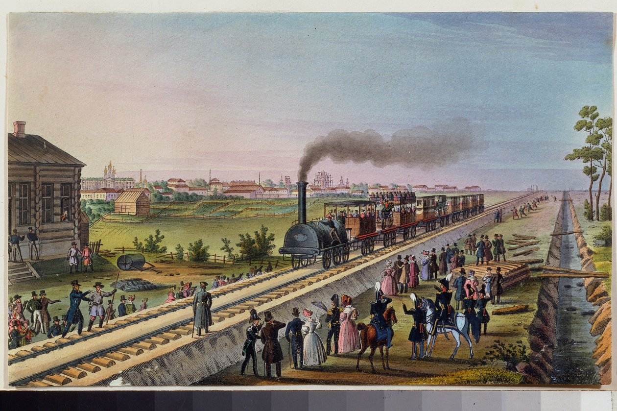 وصول أول قطار من سانت بطرسبرغ إلى تسارسكوي سيلو ، 30 أكتوبر 1837. عمل سيد روسي ، لوحة مائية على ورق بواسطة المدرسة الروسية