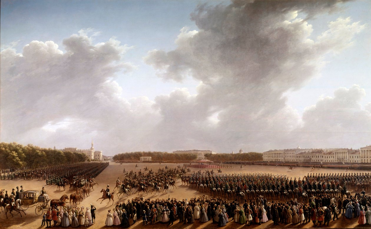 موكب على شارع Champs de Mars ، في المقدمة الكسندر بوشكين (بوشكين) (1799-1837) ونيكولاس الأول (1796-1855) على ظهر حصان متجه إلى مقدمة الامبراطور في عربة في باريس لوحة للمدرسة الروسية. 1825-1830. سانت بطرسبرغ ، متحف بواسطة المدرسة الروسية
