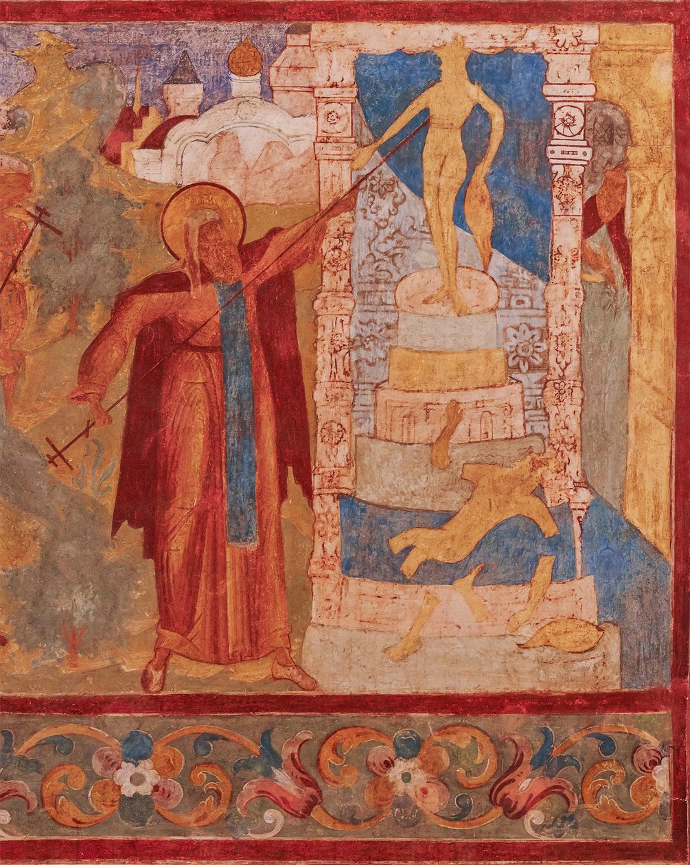 القديس أبراهام دي روستوف (mort en 1074 ou 1077) يفكك صنم دي فيليس - أبراهام روستوف يدمر تمثال فيليس. لوحة جدارية لكنيسة القديس يوحنا الرسول في روستوف كرملين - اللوحات الجدارية الروسية القديمة. فريسكو بواسطة المدرسة الروسية