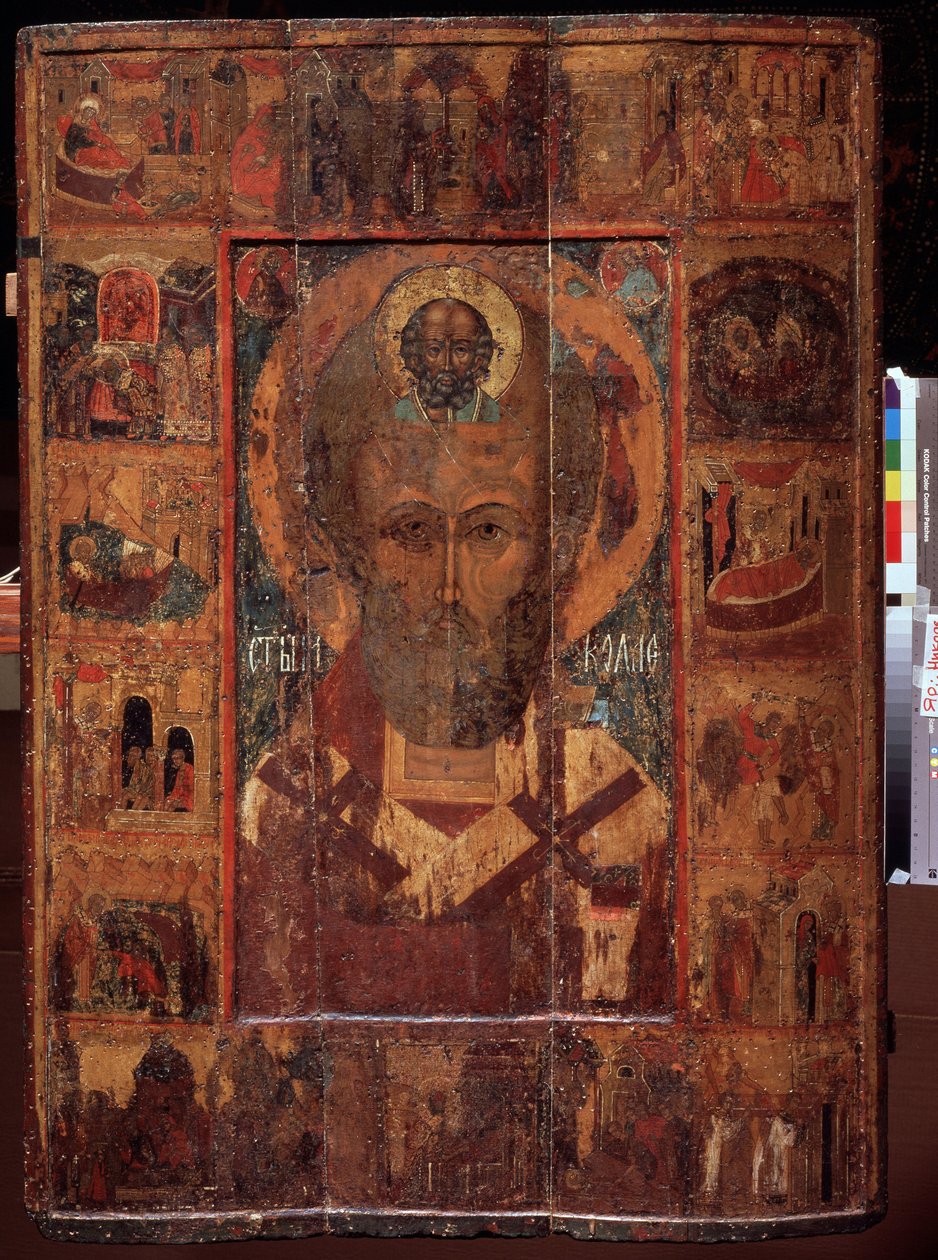 Saint Nicolas de Myre ou de Bari، avec des scenes de sa vie (القديس نيكولاس مع مشاهد من حياته). أيقونة روسية ، تمبرا على الخشب ، أوائل القرن الخامس عشر ، فن قديم من ياروسلافل (روسيا). متحف الدولة للفنون ، ياروسلافل (روسيا). بواسطة المدرسة الروسية