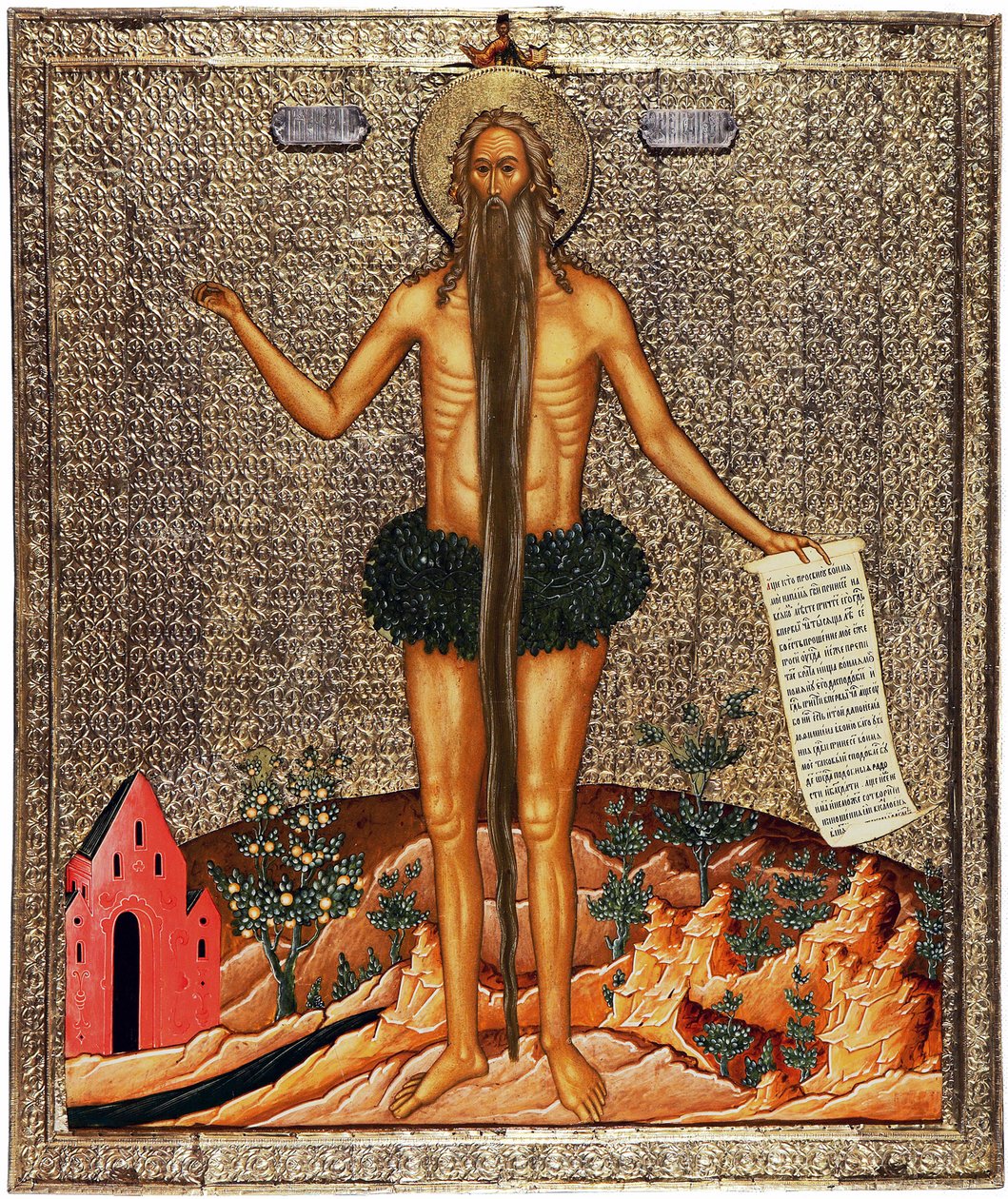 القديس أونوفريوس (القديس أونوفريوس). Onuphre المرساة أو العظيم (القرن الرابع) ، راهب ثم ناسك في مصر ، يتم تمثيله تقليديًا بلحية طويلة وفروع كملابس. عمل مجهول من موسكو ، تمبرا على خشب ، حوالي بواسطة المدرسة الروسية