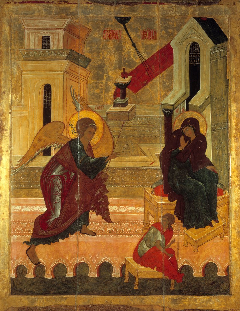 The Annunciation Russian Icon from 1560. Russia. Monastere Solonsky. بواسطة المدرسة الروسية