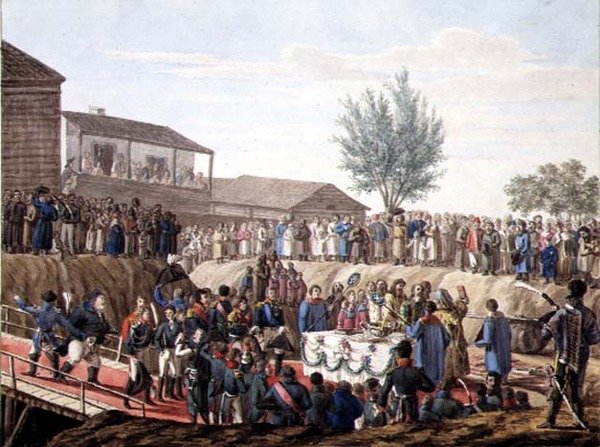 وضع الحجر الأول لمركز الجمارك في موهيلوف عام 1820 (ألوان مائية على ورق) بواسطة المدرسة الروسية