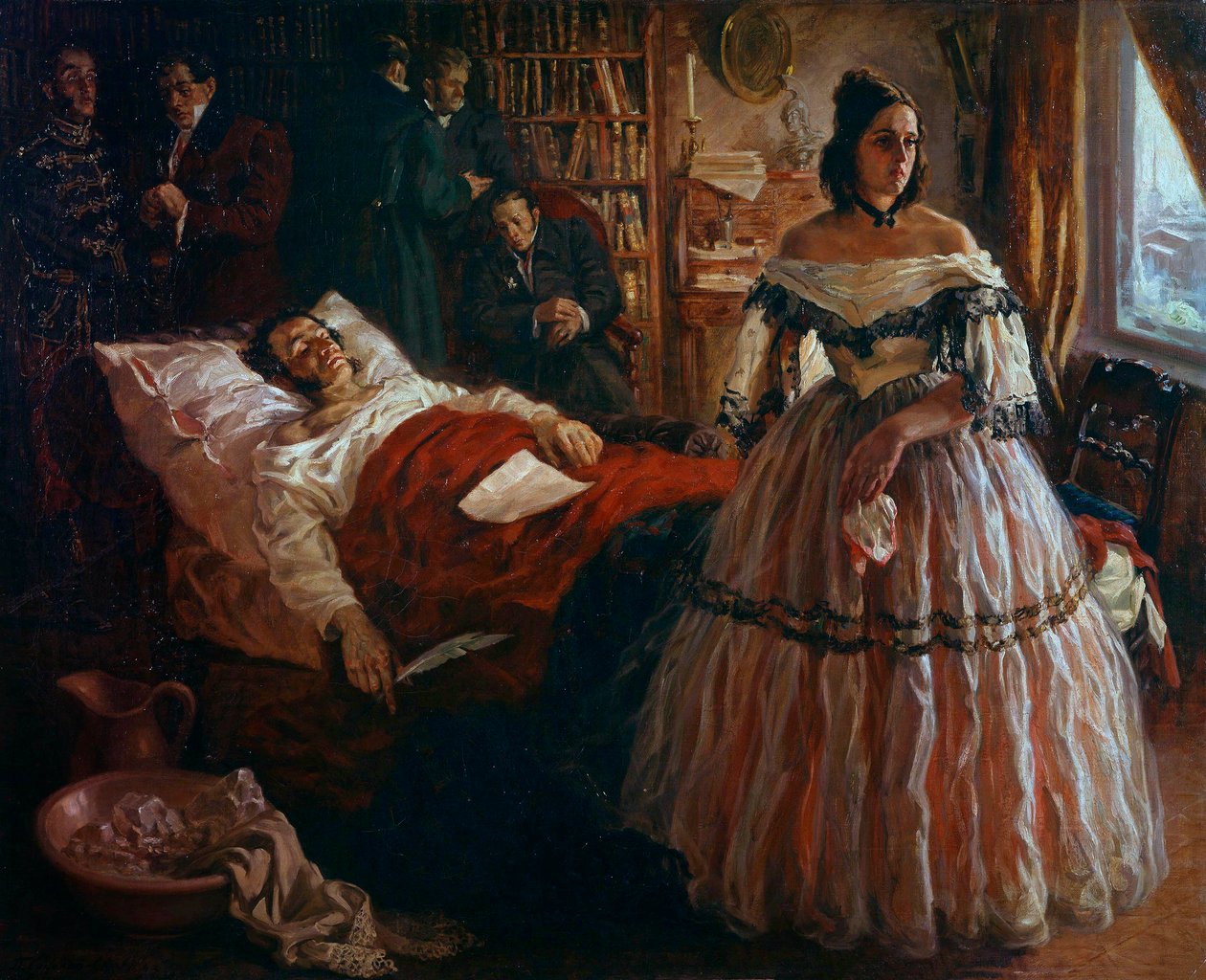 الشاعر الروسي ألكسندر بوشكين (بوشكين) (1799-1837) على فراش الموت محاطًا بزوجته ناتاليا جونتشاروفا (غونشاروفا) ، وأصدقاؤه مجهولون لوحة للمدرسة الروسية. 1837 متحف هيرميتاج سانت بطرسبرغ بواسطة المدرسة الروسية