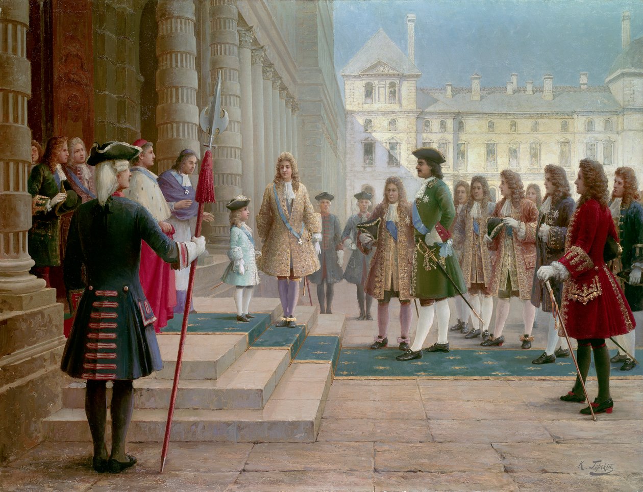 القيصر بيير لو غراند (1672-1725) رحب به الطفل لويس الخامس عشر في فرساي عام 1717 - رسم غورسكي (القرن التاسع عشر) بواسطة المدرسة الروسية