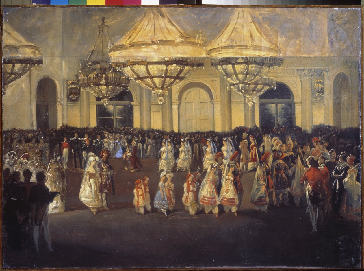 كرة في قصر الشتاء (سانت بطرسبرغ) تحت قيادة نيكولاس الأول (1796-1855). لوحة لسيد روسي ، زيت على قماش ، حوالي عام 1830. الفن الروسي بواسطة المدرسة الروسية