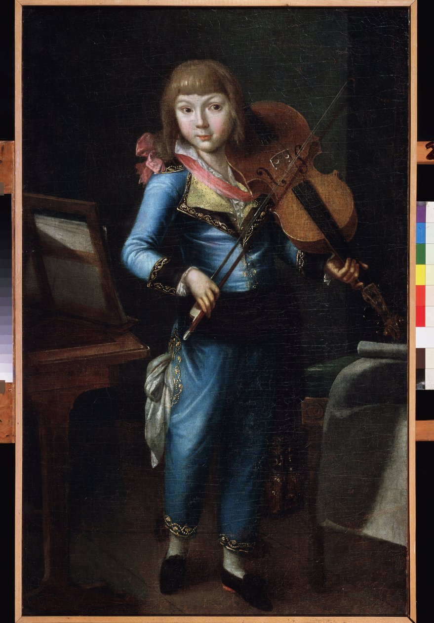 عازف كمان شاب يرتدي حلة زرقاء. لوحة لسيد روسي ، زيت على قماش ، حوالي عام 1790. الفن الروسي في القرن الثامن عشر. متحف قصر المسرح أوستانكينو ، موسكو. بواسطة المدرسة الروسية