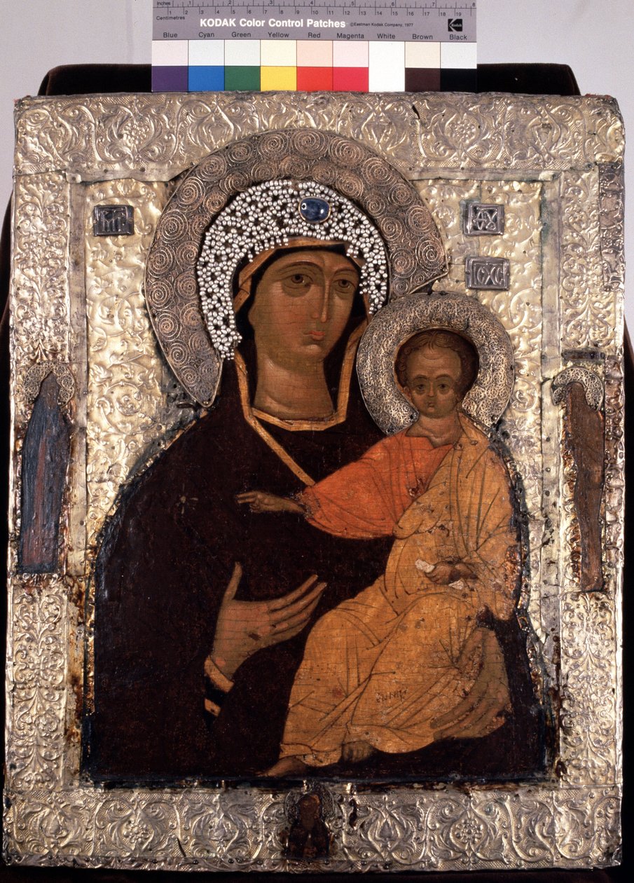 "" Vierge Hodegetria (Hodigitria) "" Icone russe. Peinture sur bois du 14eme siecle. متحف الدولة في الهواء الطلق للثالوث لافرا للقديس سيرجيوس ، سيرجييف بوساد بواسطة المدرسة الروسية