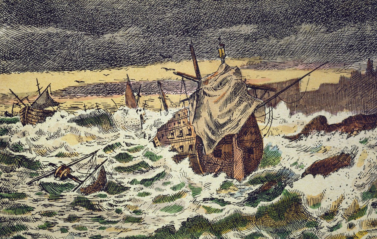 دمرت عواصف الأرمادا الإسبانية التي لا تقهر ، التي أرسلها الملك فيليب الثاني ضد إنجلترا عام 1588 (نقش ملون يدويًا) بواسطة مدرسة الاسبانية