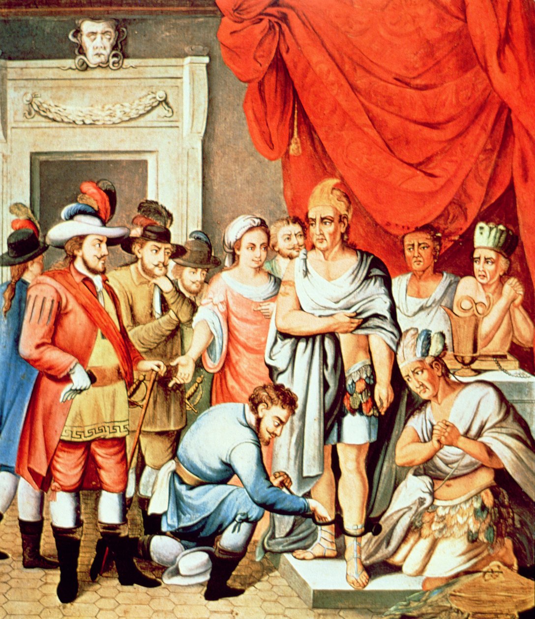 Hernan Cortes orders shackles to be put on the ankles of Montezuma (colour litho) بواسطة مدرسة الاسبانية