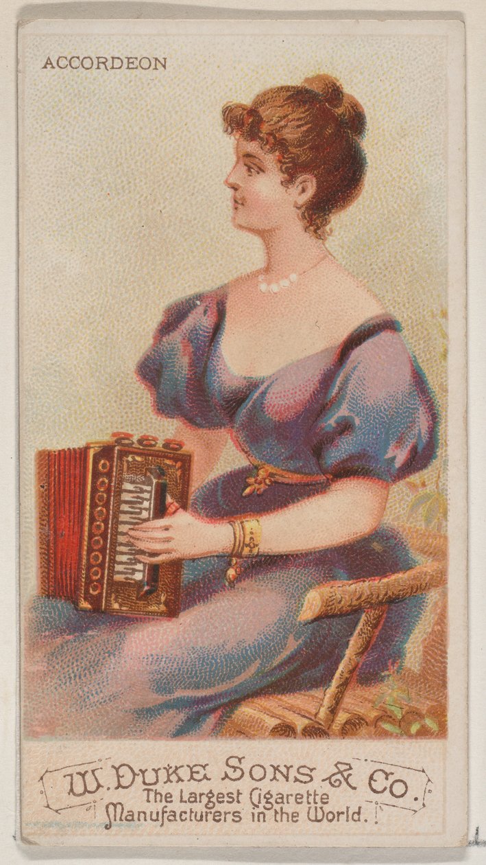 الأكورديون ، من سلسلة الآلات الموسيقية N82 لسجائر ماركة ديوك ، 1888. ، 1888. بواسطة شوماخر وإيتلينجر