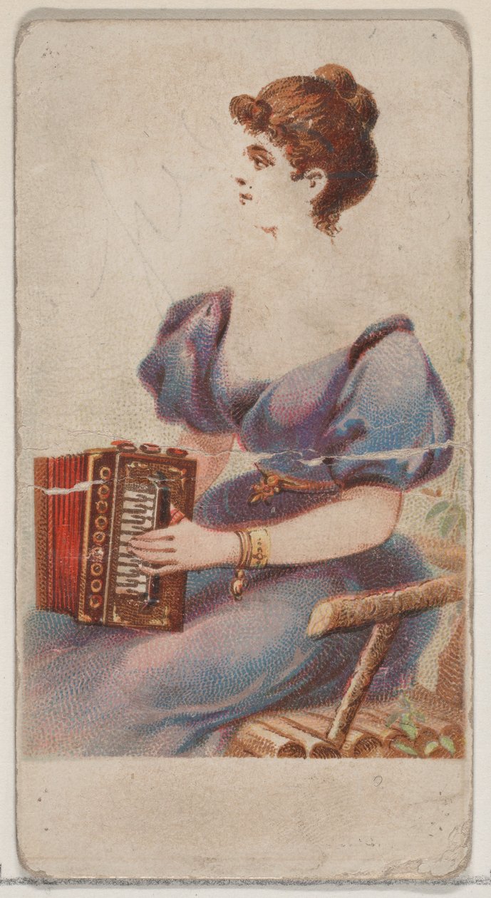 الأكورديون ، من سلسلة الآلات الموسيقية N82 لسجائر ماركة ديوك ، 1888. ، 1888. بواسطة شوماخر وإيتلينجر