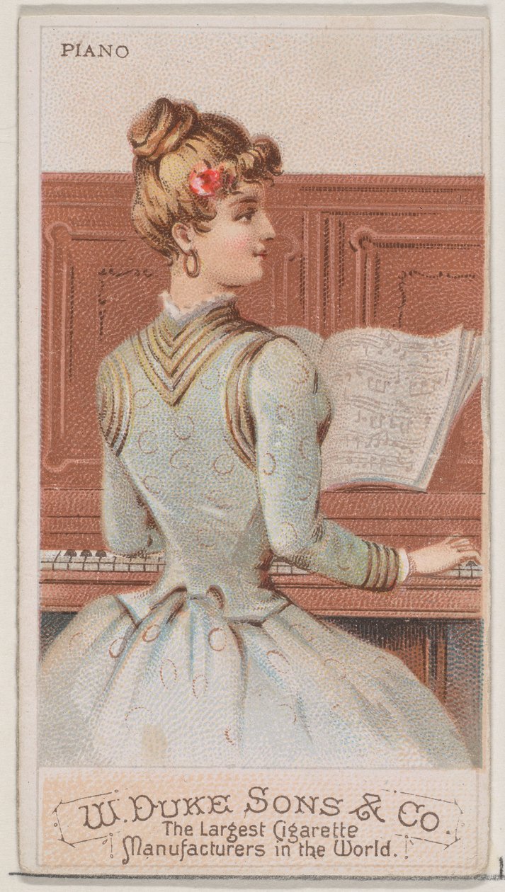 بيانو ، من سلسلة الآلات الموسيقية N82 لسجائر ماركة ديوك ، 1888. ، 1888. بواسطة شوماخر وإيتلينجر