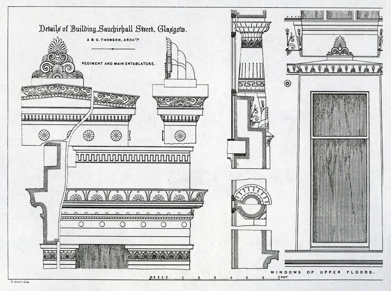 التفاصيل المعمارية لغرف Grecian ، 336-356 شارع Sauchiehall ، غلاسكو ، صممه ألكسندر يوناني طومسون ، 1869 بواسطة المدرسة الاسكتلندية