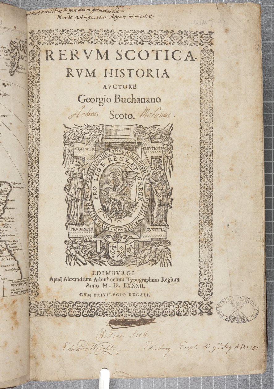 صفحة عنوان Scoticarum History ، لجورج بوكانان بواسطة المدرسة الاسكتلندية