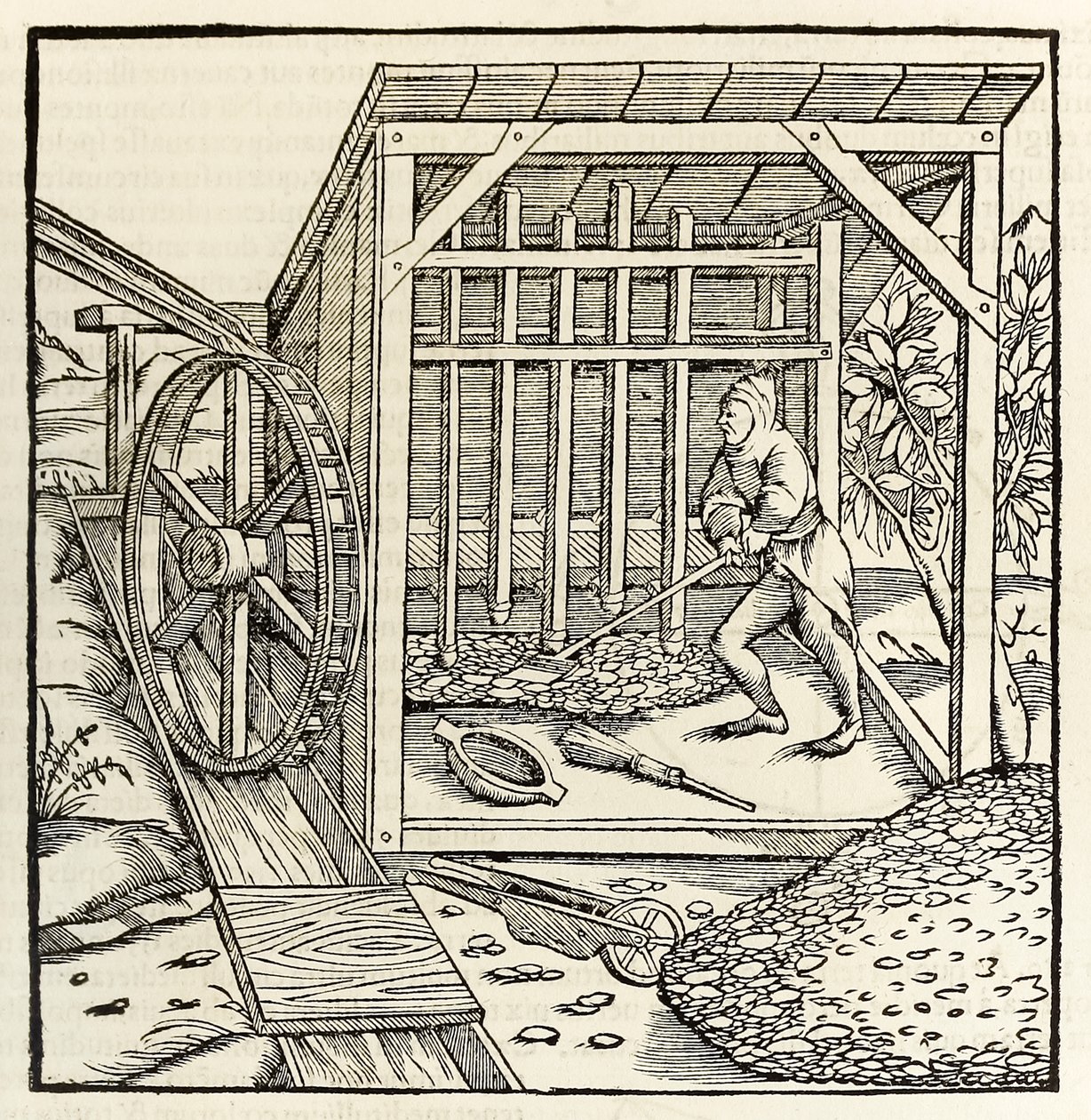 التعدين باستخدام عجلة مائية ، من إصدار 1550 من "Cosmographia" لسيباستيان مونستر (نقش خشبي) بواسطة سيباستيان مونستر