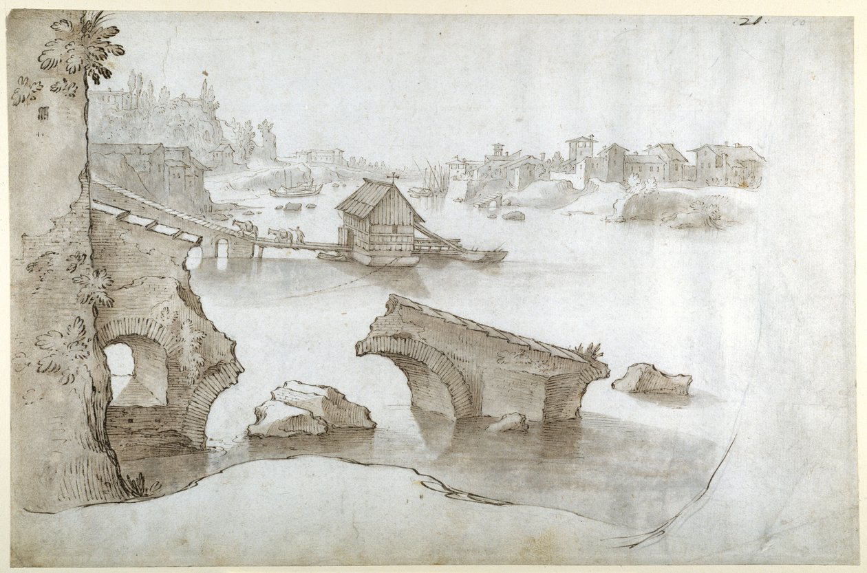 A Tiber view with the ruins of the Ponte Rotto (above the Aventine), the Marmorata and the Ripa Grande (pen & brown ink with brown & grey washes on white paper) بواسطة سيباستيان فرانكس