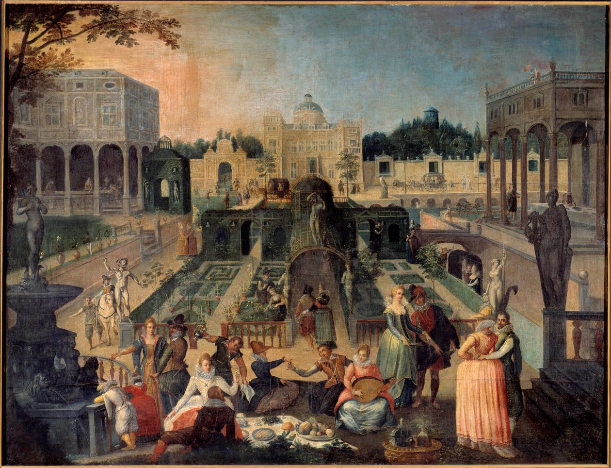A party in the park of the Duke of Mantua Picnic, music, gallant scenes in the gardens of the palace of the Duke of Gonzaga (Gonzaga). Painting by Sebastien Vrancx (1573-1647) 17th century Sun. 1,42 x 1,88 m Rouen musee des Beaux Arts بواسطة سيباستيان فرانكس