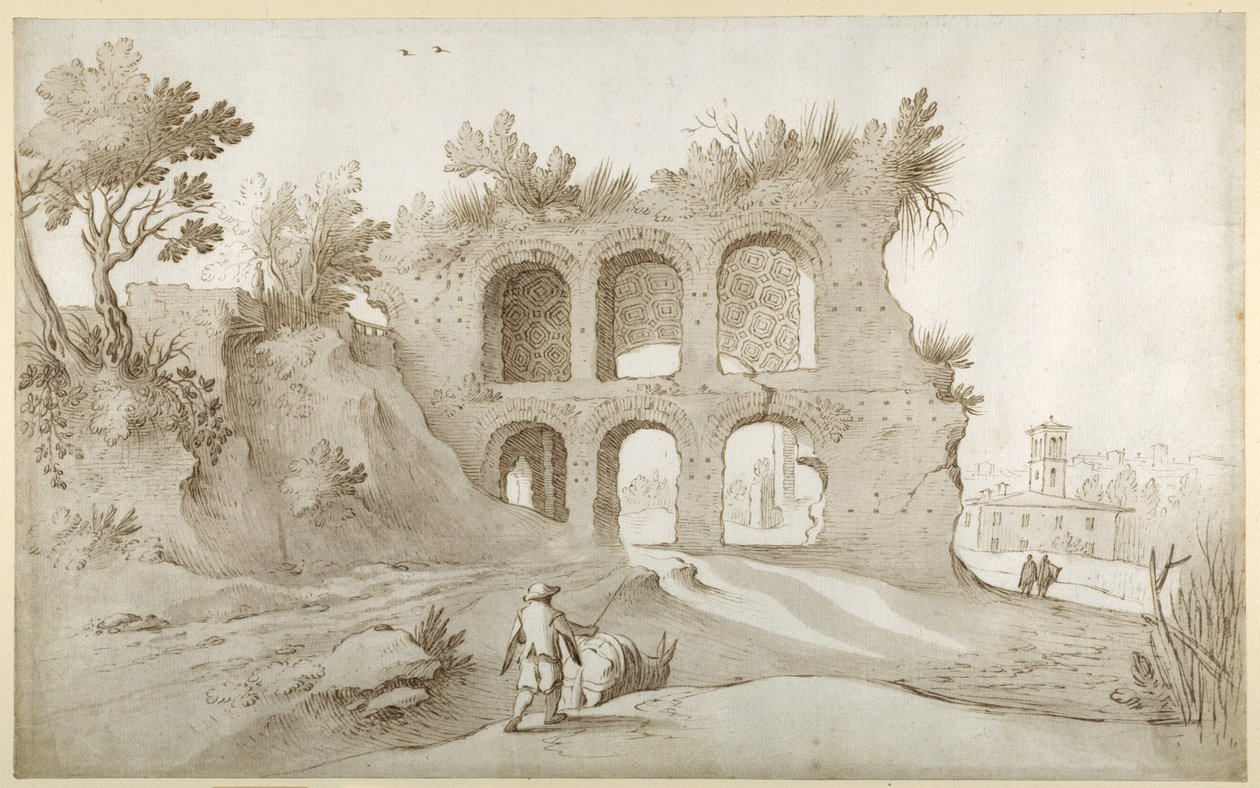 Basilica of Constantine. Entrance wall in a fantastic setting (pen & ink with wash on paper) بواسطة سيباستيان فرانكس
