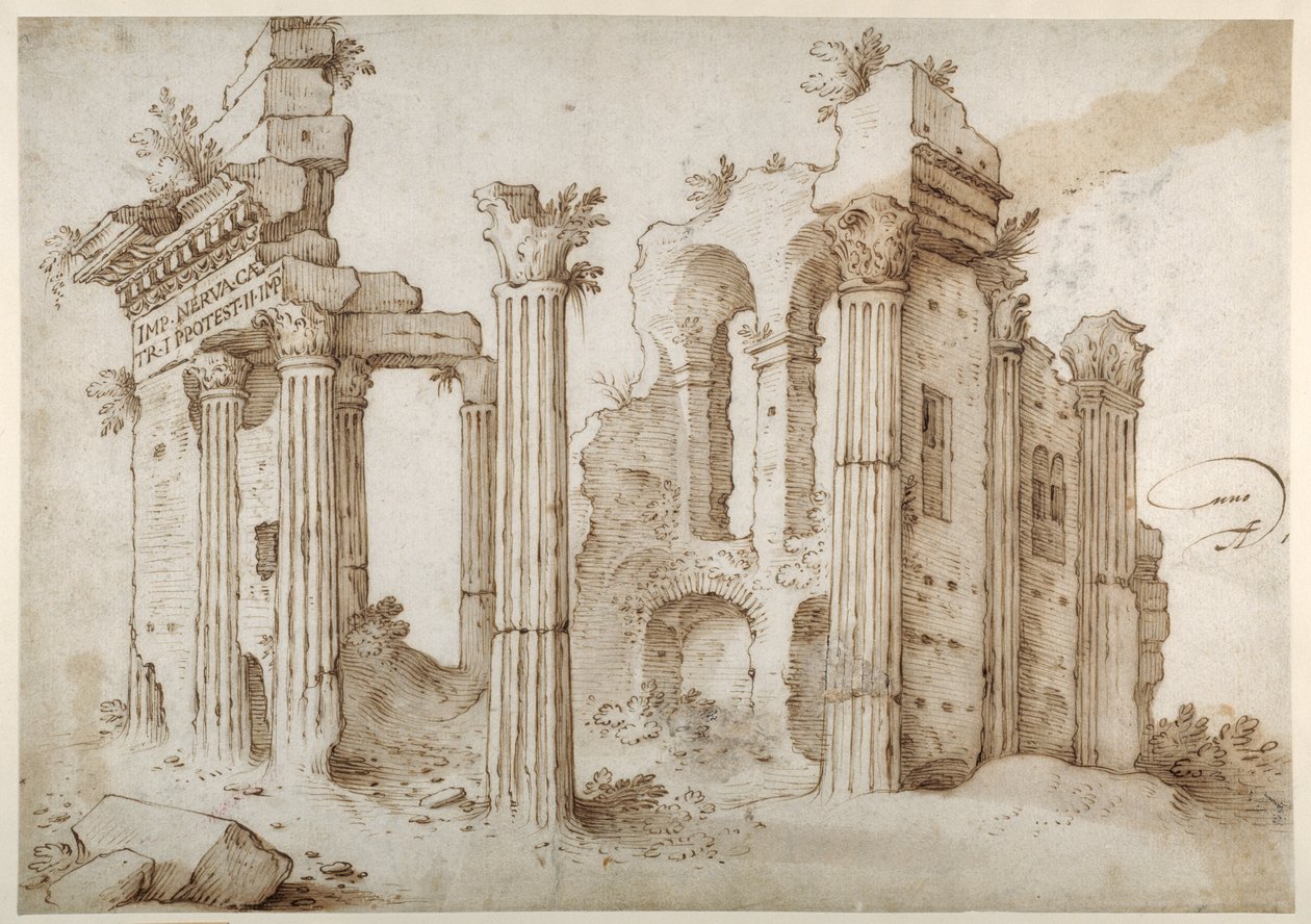 Columniated ruins of the Temple of Minerva, Forum of Nerva, Rome (pen & brown ink with wash on paper) بواسطة سيباستيان فرانكس
