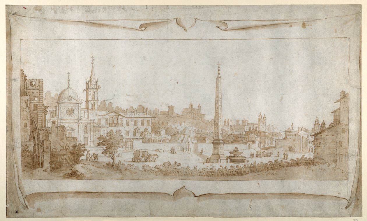Design for a frontispiece with a view of Rome inside the Porta del Popolo and a view of the Pincio (pen & ink with wash on paper) بواسطة سيباستيان فرانكس