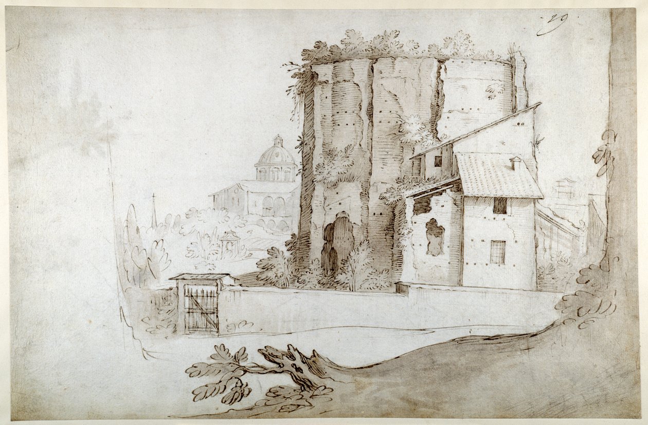 Ruins on the Celio with the church of SS. Giovanni e Paolo (pen & brown ink with a grey brown wash on white paper) بواسطة سيباستيان فرانكس