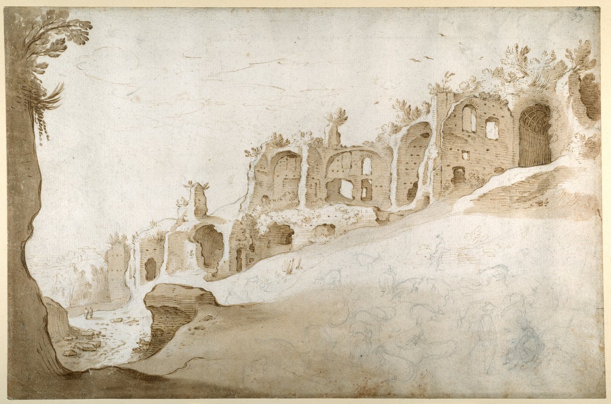 Ruins on the Palatine: the Domus Augustanus and the Palace of Septimius Severus (pen & brown ink with brown wash & black chalk on white paper) بواسطة سيباستيان فرانكس