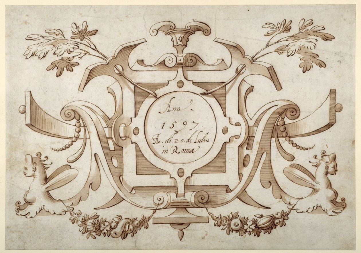 Strapwork cartouche associated with the set of his Roman Views (pen & brown ink with brown wash on paper) بواسطة سيباستيان فرانكس