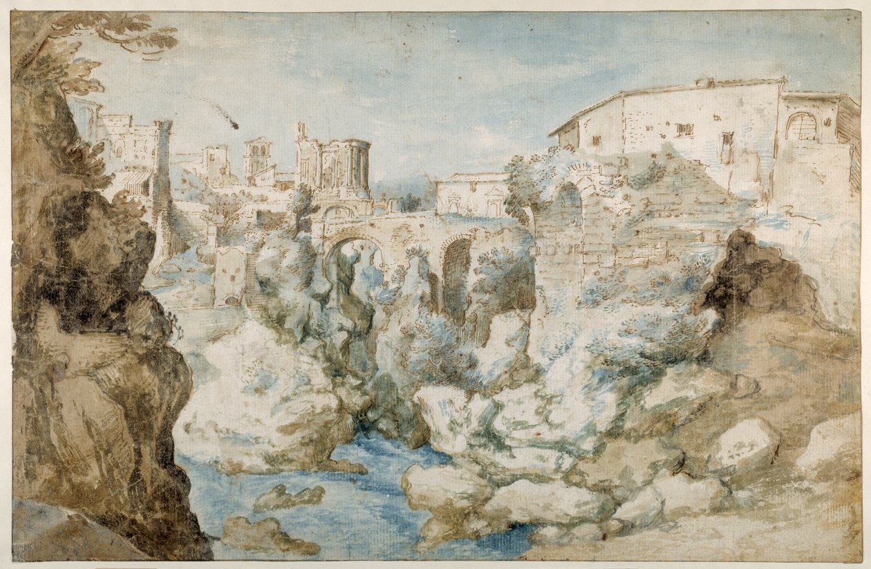 View of Tivoli with the Temple of the Tiburtine Sibyl and the Falls (pen & ink with brown and blue wash on paper) بواسطة سيباستيان فرانكس