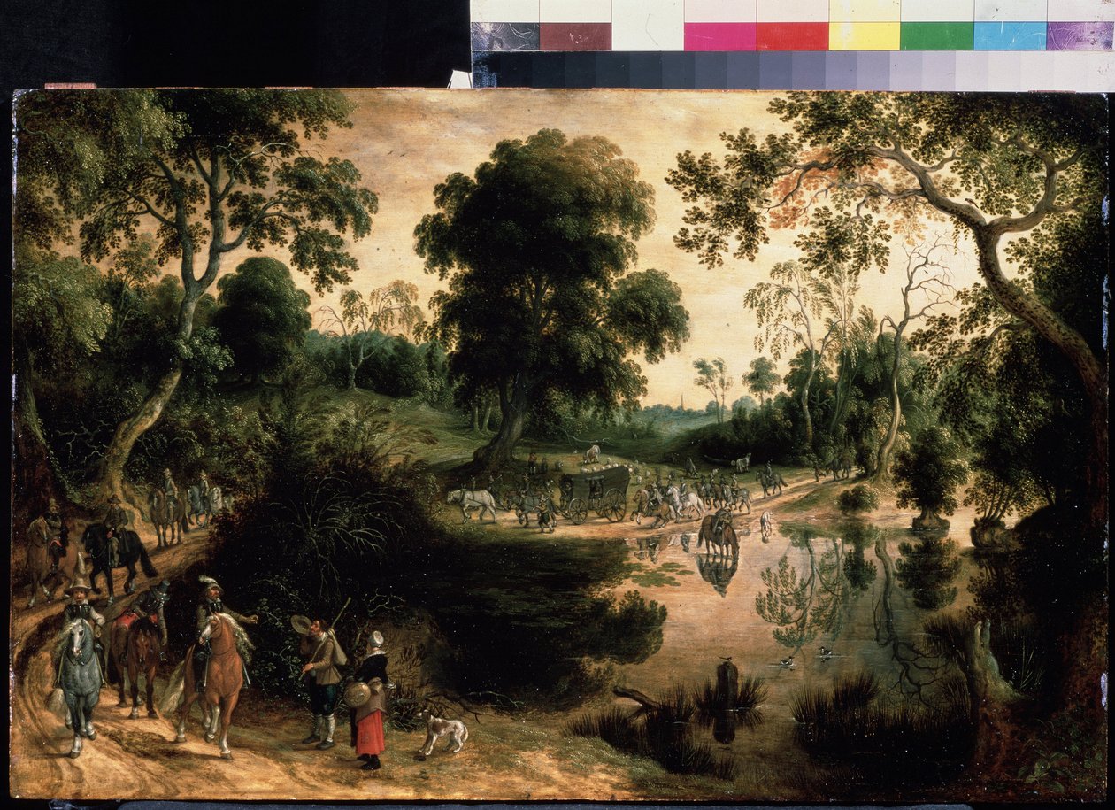 السفر برفقة حراسة عسكرية. لوحة لسيباستيان فرانكس (1574-1647). زيت على خشب ، 38.5 × 59 سم ، حوالي 1610. الفن الفلمنكي ، الفن الباروكي. متحف بوشكين للفنون الجميلة ، موسكو. بواسطة سيباستيان فرانكس
