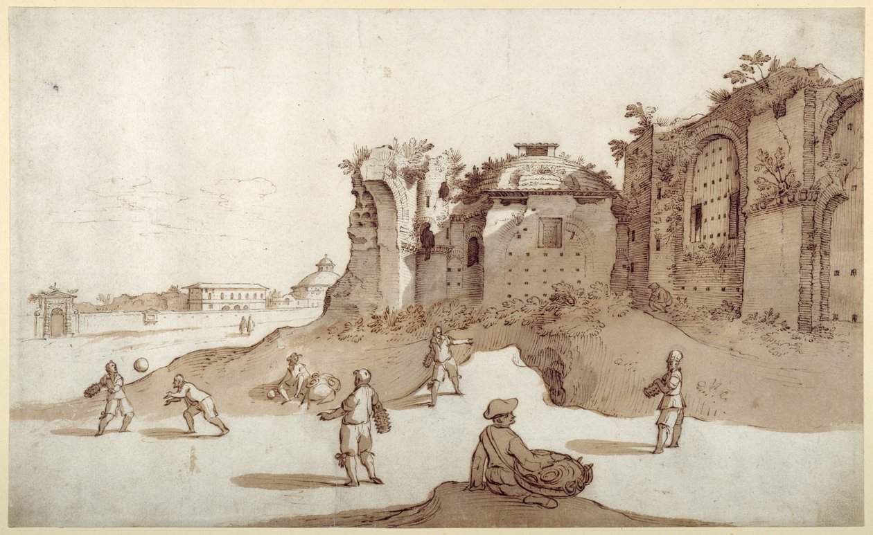 Young men playing pelota inside the Baths of Diocletian; S. Bernardino in the distance; the long wall of Bellaiani (pen & brown ink with brown wash on paper) بواسطة سيباستيان فرانكس