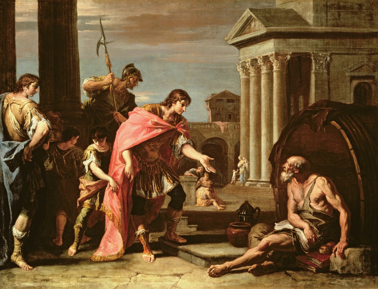 الإسكندر الأكبر (356-23 قبل الميلاد) Diogenes الزائر (c.410-320 قبل الميلاد) في أثينا بواسطة سيباستيانو ريتشي