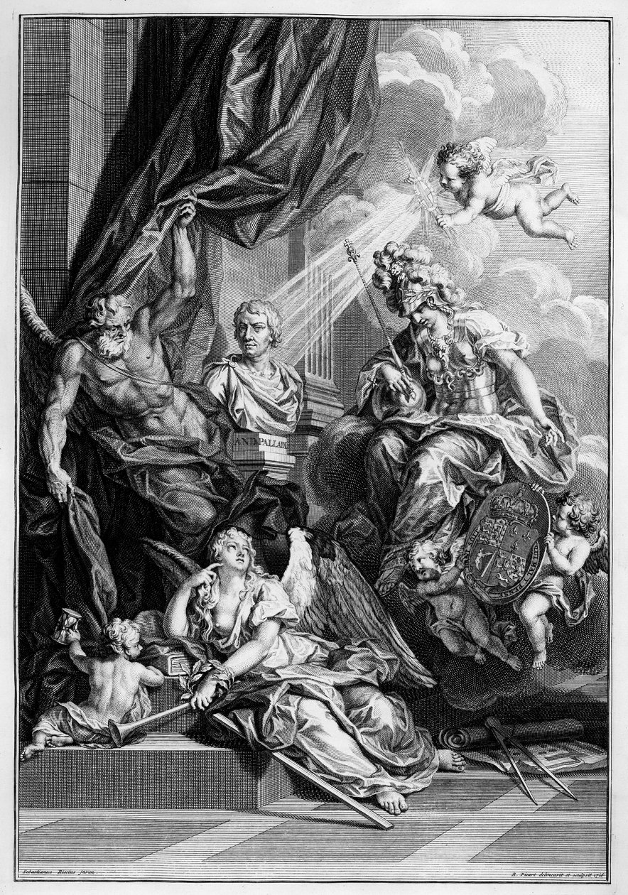 صورة لواجهة "العمارة من A. Palladio ، في أربعة كتب" ، جياكومو ليوني ، نقشها برنارد بيكارت ، نشر 1715 بواسطة سيباستيانو ريتشي