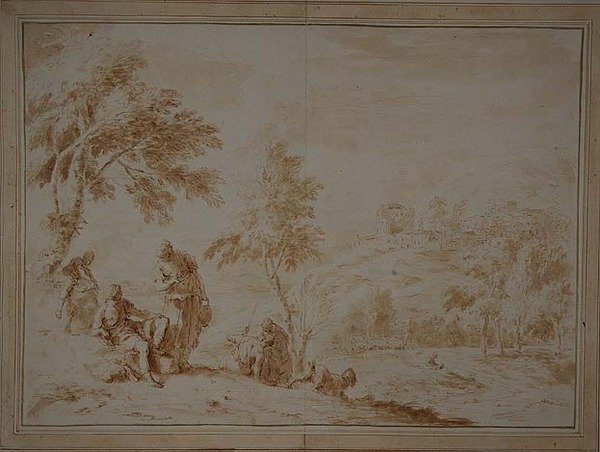 مناظر طبيعية رعوية واسعة مع Hill-town ، حوالي عام 1720 (حبر بني وغسل) بواسطة سيباستيانو ريتشي