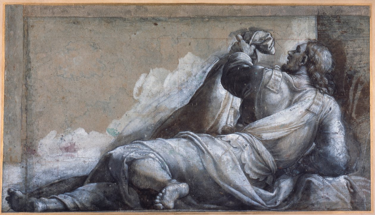 A reclining apostle (black chalk with brown wash on carta azzurra) بواسطة سيباستيانو ديل (حوالي 1485 - 1547) بيومبو